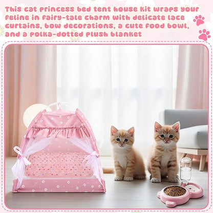 BreezeHug 3 Pieces Dog Tent Bed Cat Princess Tent with Food-Water Bowl and Washable Blanket for Small Pet, Indoor Removable Pink Nest Teepe Pet House Kit for Small Cat, Dog, Puppy, Rabbit