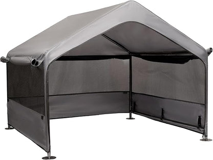 Summertrail Extra Large Dog House Outside, Dog Tent Outdoor, Big Dog Shade Shelter Doghouse Canopy with Three-Sided Breathable Mesh Windows, Gray Sun Rain Cover for Pet Cat Livestock 4'x 4'x 3.3'
