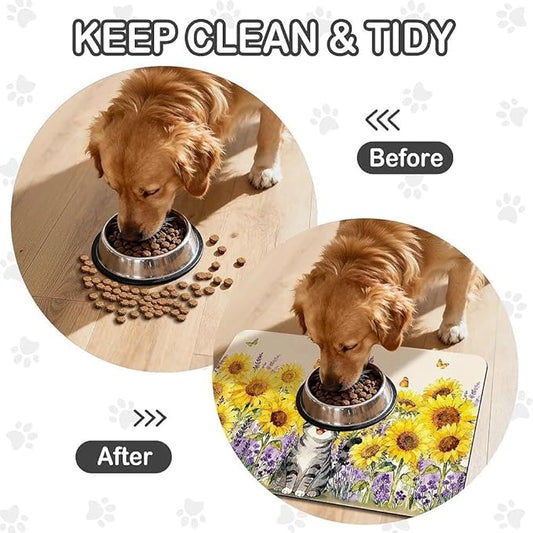 Dog Food Mat for Pet Cat Food Mat, Sunflower Absorbent Quick Dry Dog Bowl Mats for Food and Water, Non-Slip Cat Pet Feeding Mats for Floor Placemats 12"x20"