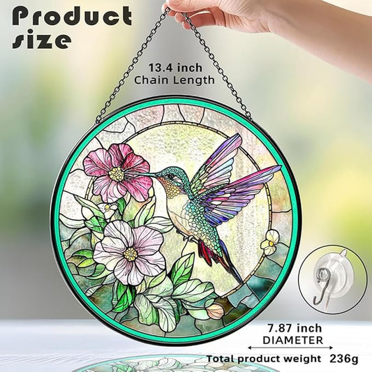 Hummingbird Suncatcher with Floral Nectar Design, Stained Glass Suncatcher - Stained Glass Window Hanging for Nature Lovers, Unique Gift for Bird Enthusiasts, Indoor/Outdoor Garden or Home Decoration