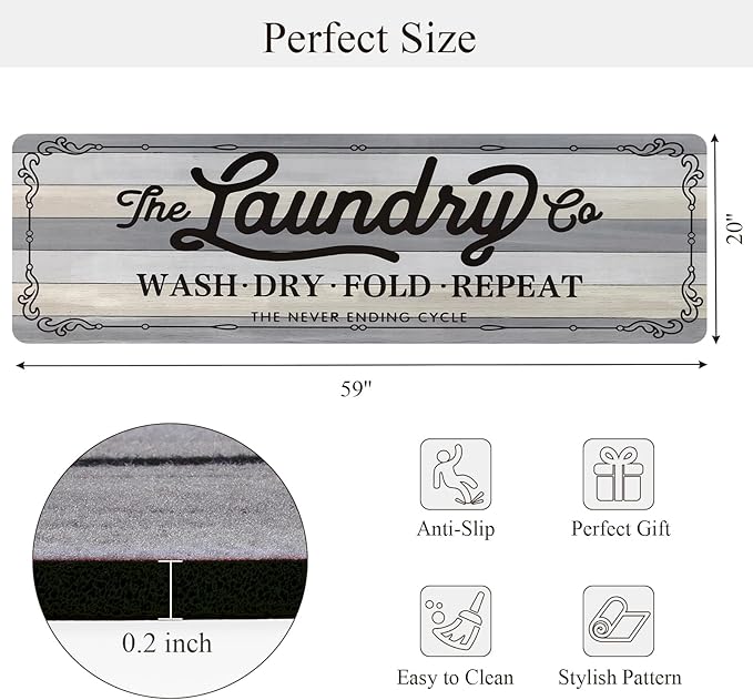 Pauwer Laundry Room Rug Runner 20"x60" Waterproof Rubber Laundry Mat Non Slip Kitchen Mats for Floor Washable Floor Mat Runner Rug for Farmhouse Mudroom Washroom Bathroom Decor