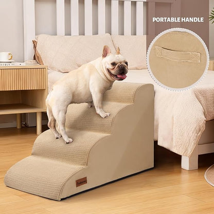 Dog Steps for Bed, 4-Step Dog Stairs Ramp for Small Dogs and Cats, Indoor Non-Slip Pet Stairs Suitable for Older, Short-Legged, and Puppy Dogs to Climb Onto High Beds and Couch, 17.4" H,Khaki