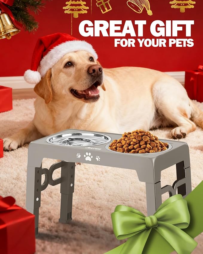 Elevated Dog Bowls, Non-Slip Dog Feeder with 1*Stainless Steel Dishes & 1*Slow Feeder Bowl, 5 Heights Adjustable Raised Bowls for 3.15″-8.66″-9.84″-11.02″-12.2″