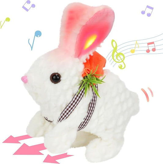 Hopearl Hopping Rabbit with LED Ears Carrot Backpack Interactive Plush Bunny Toy with Sounds Animated Walking Wiggle Light up Ears Twitch Nose Gift for Toddlers, White, 7''