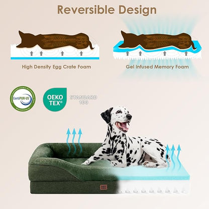 EHEYCIGA Orthopedic XL Dog Bed for Large Sized Dog, 48x35x7.5 Inch Extra Large Memory Foam Dog Couch Bed with Sides, Waterproof Liner & Washable Removable Cover, Bolster Pet Sofa, Dark Green