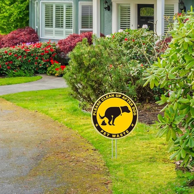 DorDor & GorGor 2-Pack Clean Up After Your Dog Yard Sign | No Pooping Yard Signs | with Stakes, White Board, Round, Diameter 10 inch, 4mm Corrugated Plastic | Double Side Print
