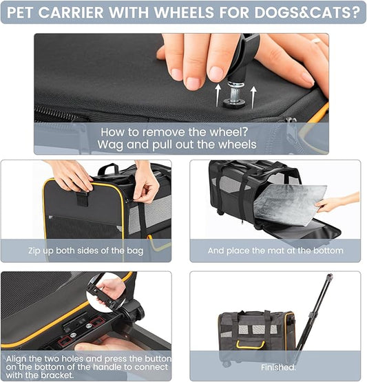 Pet Carrier for Small Pet, Cat Dog Carrier for Car Soft Sided Dog Rolling Crate Cat Travel Bag
