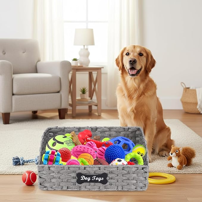 Geyecete dog toy basket Foldable Pet Toy Storage Box, Gray Seagrass & Iron Wire Design for Organized Living pet toy bin basket Wicker dog toy box
