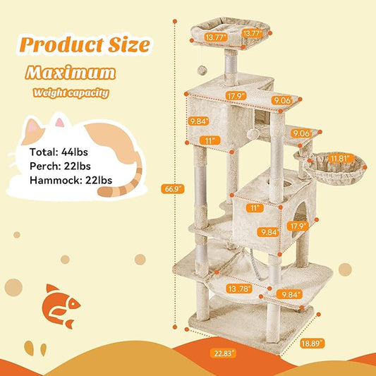 Large Cat Tree 66 Inch, Multi-Level Tall Cat Tree Tower with Condo, Perches, Sisal Scratching Posts and Hammock, Pet Play House with Dangling Balls for Indoor Cats, Beige