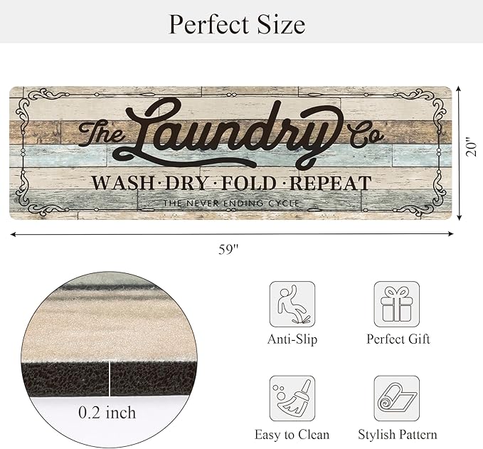 Pauwer Laundry Room Rug Runner 20"x60" Waterproof Rubber Laundry Mat Non Slip Kitchen Mats for Floor Washable Floor Mat Runner Rug for Farmhouse Mudroom Washroom Bathroom Decor