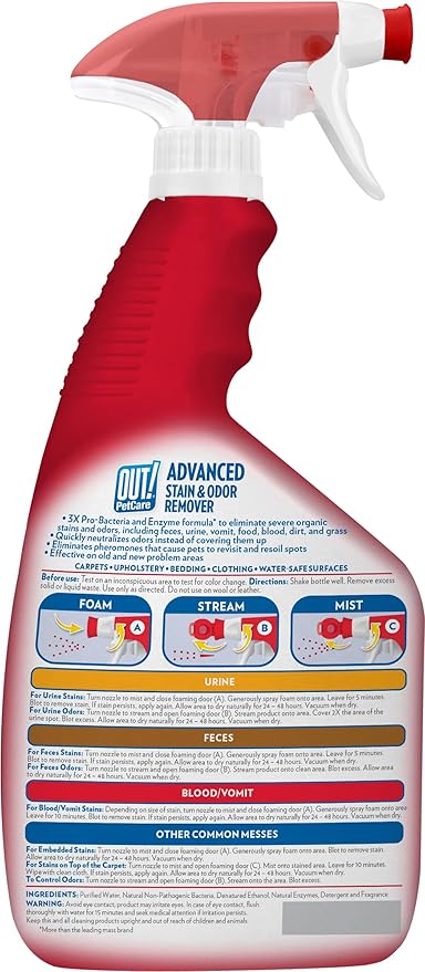 OUT! PetCare Pet Odor & Stain Remover Spray, Carpet & Floor Cleaner, Deodorizer for Dogs & Cats, Made in USA, 32 fl oz (2 Pack)