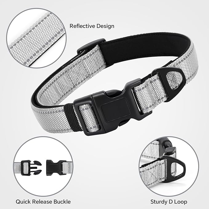 Reflective Dog Collar with Quick Release Buckle - Metal Ring - Adjustable Soft Neoprene Padded Basic Dog Collar for Small Medium Large Dogs (LightGray, Large :Width 1",Neck 15.7-23.6")