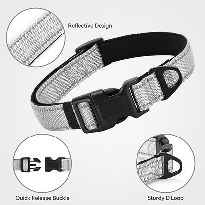 Reflective Dog Collar with Quick Release Buckle - Metal Ring - Adjustable Soft Neoprene Padded Basic Dog Collar for Small Medium Large Dogs (LightGray, Large :Width 1",Neck 15.7-23.6")