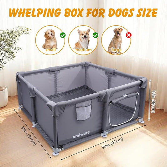 Whelping Box for Dogs and Puppies, 38×38×18 in Whelping Supplies with Waterproof Whelping Pad for Medium Small Dogs