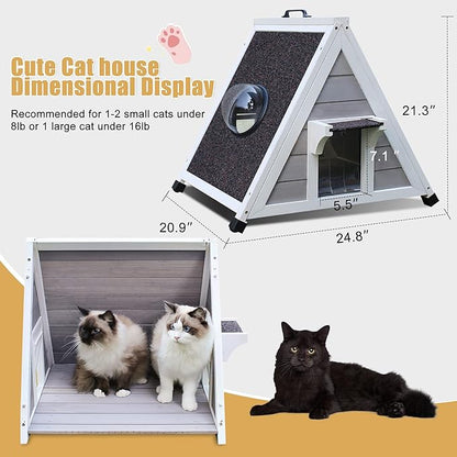 Deblue Weatherproof Cat House for Feral Cats, Outdoor Cat House for Small Cats, Unique Wooden Cat Shelter with Escape Door, Clear Window Fits for Small Pets - Grey