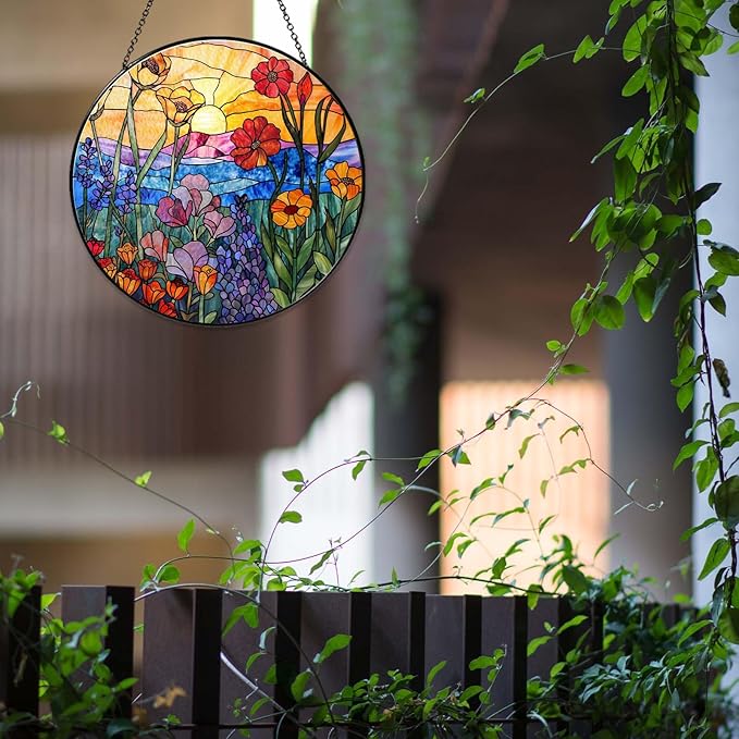 Wildflowers Stained Glass Suncatcher Hanging Window Decor, Colorful Sun Catcher for Indoor Window, Unique Gift for Women Mom Birthday Christmas Home Decoration, 7.87in