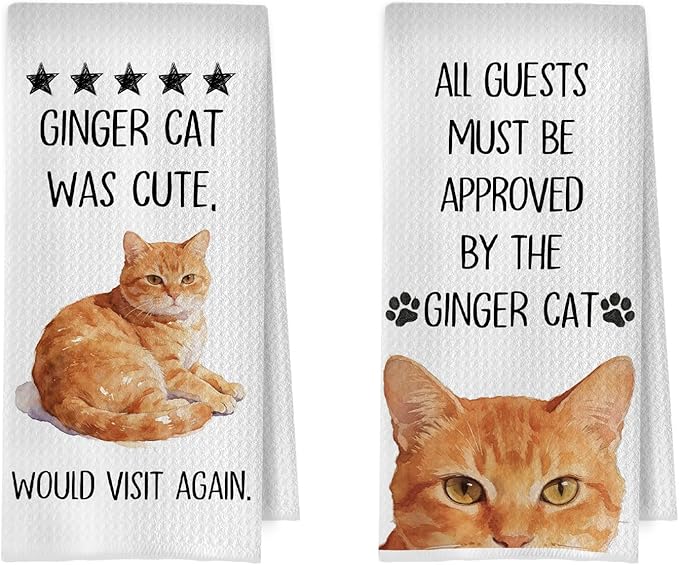 Orange Cat Kitchen Towels - Orange Tabby Cat Decorative Waffle Dish Towels, Ginger Cute Kitten Hand Towel for Mom Women, Kitty Pet Tea Towel for Kitchen, 16x24 Inch Set of 2