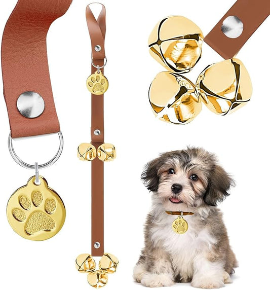 Leather Dog Bells, Puppy Potty Training Bell Dog Doorbell Potty Train Dog Bell for Potty Training Door Bells for Dogs to Ring to Go Outside Jingle Bells (Leather Brown, Round Paw 1 PCS)