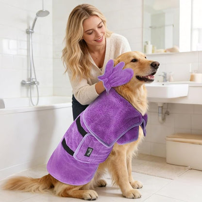 Mihachi Dog Bathrobe Towel Wrap Fast Drying with Drying Gloves Set, Super Absorbent Coral Fleece Dog Drying Coat Bath Robe for Puppy, Medium & Large Dogs, Adjustable Collar & Belly Strap, Purple 2XL