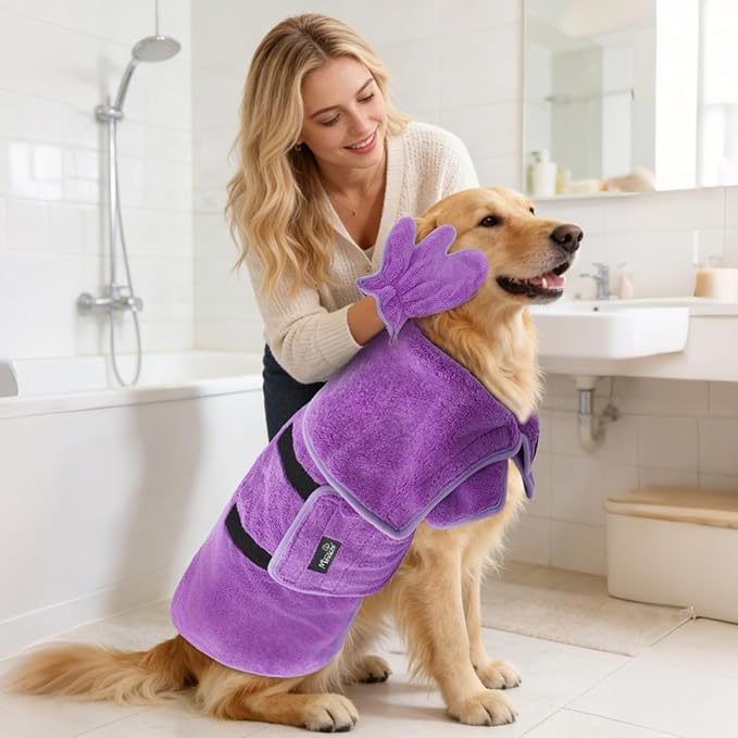 Mihachi Dog Bathrobe Towel Wrap Fast Drying with Drying Gloves Set, Super Absorbent Coral Fleece Dog Drying Coat Bath Robe for Puppy, Medium & Large Dogs, Adjustable Collar & Belly Strap, Purple M