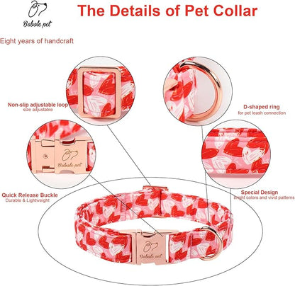 Valentines Dog Collar, Cute Pink Valentine Dog Collars, Doodle Heart Pattern, Adjustable Heavy Duty Pet Collar for Small Medium Large Dogs with Metal Buckle M