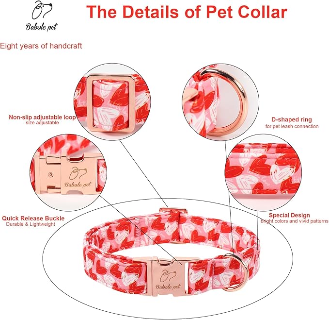 Valentines Dog Collar, Cute Pink Valentine Dog Collars, Doodle Heart Pattern, Adjustable Heavy Duty Pet Collar for Small Medium Large Dogs with Metal Buckle S