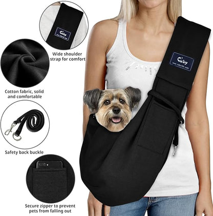 CUBY Dog and Cat Sling Carrier - Hands Free Reversible Pet Papoose Bag - Soft Pouch and Tote Design - Suitable for Puppy, Small Dogs Cats Outdoor (Black Senior, Unadjustable Strap)