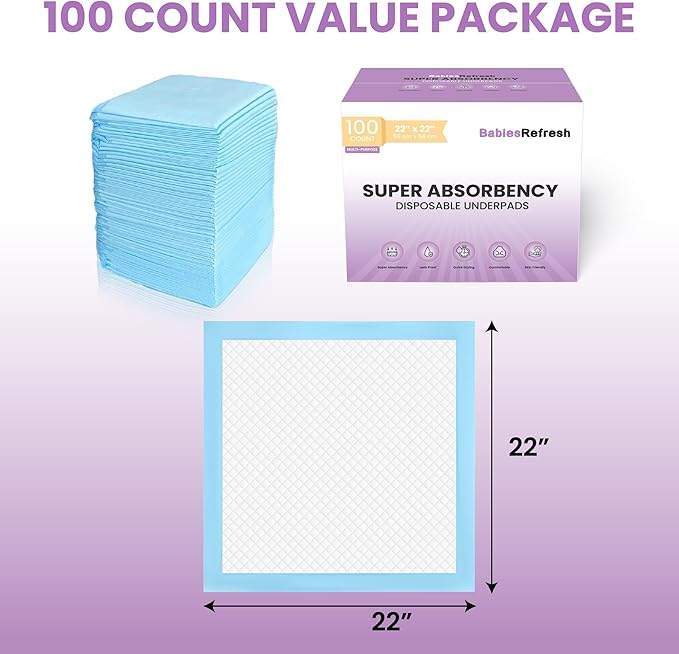 100 Count Super Absorbency Medium 22” x 22" Disposable Underpads, Leakproof Quick Drying for Multi-use for Babies, Puppy Pads and Adults, Potty Training Pads, Pet Pee Pads, Cat Pee Pads, Blue