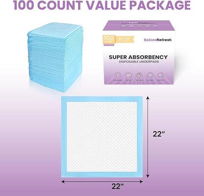100 Count Super Absorbency Medium 22” x 22" Disposable Underpads, Leakproof Quick Drying for Multi-use for Babies, Puppy Pads and Adults, Potty Training Pads, Pet Pee Pads, Cat Pee Pads, Blue