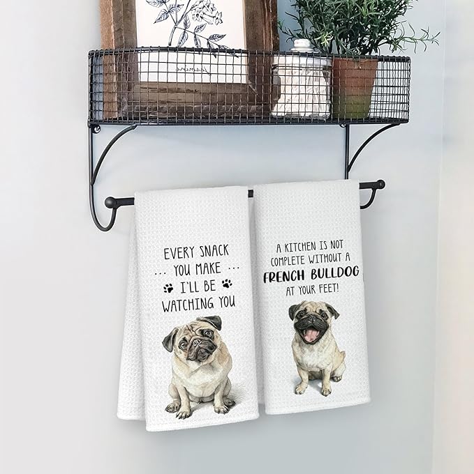 Funny Pug Kitchen Bathroom Towels, Gifts for Pug Lovers Women Dish Tea Towels, Dog Mom Dad Lovers Owner Gifts for Women Men Decorative Hand Towels for Kitchen Decor, 16x24 Inch Set of 2