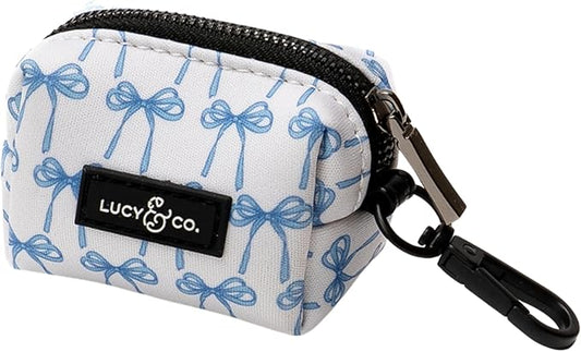 Lucy & Co. Dog Poop Bag Holder - Leak Proof Dispenser with Leash Attachment - Easy Refills - Hygienic Pet Poop Pickup - White with blue bows