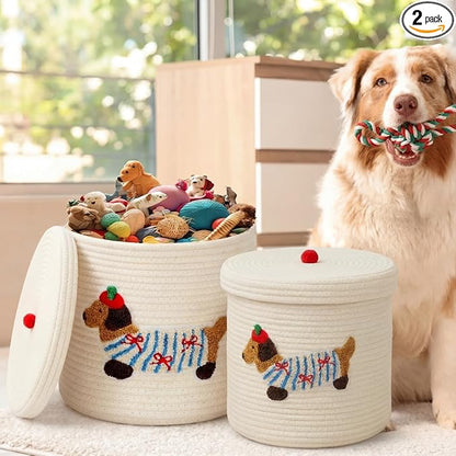 Novabright 2 Pcs Dog Woven Basket with Lid Cute Toy Storage Bin Cotton Rope Puppy Animal Storage Basket for Laundry Toy Pet Gift Organizer for Clothes Towels