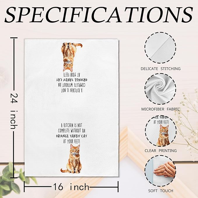 Funny Orange Tabby Cat Kitchen Towels, Orange Cat Mom Lady Lovers Gifts for Women Hand Towels, Gifts for Pet Lovers Dishcloths Dish Towel for Kitchen 16x24 Inches Set of 2