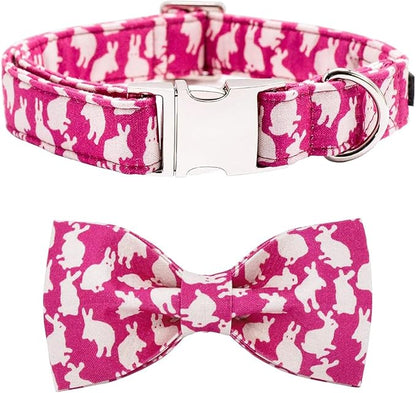 Maca Bates Easter Day Rabbit Dog Collar with Fancy Bow Tie for Medium Girl Boy Dogs, Pink Bunny Pattern,Adjustable Durable Soft Breakaway Collars for Male Female Puppy