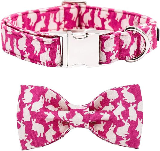 Maca Bates Easter Day Rabbit Dog Collar with Fancy Bow Tie for Extra Small Girl Boy Dogs, Pink Bunny Pattern,Adjustable Durable Soft Breakaway Collars for Male Female Puppy