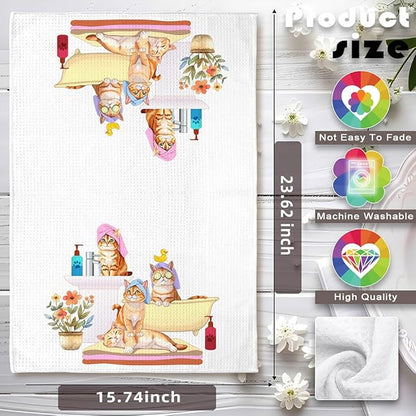 Bathing Cat Hand Towels - Quick-Dry Shower Cat Gathering Decorative Towels for Bathroom, Multi-Scene Bathroom & Spa Art Decorative Towel for Feline Ladies | Relaxation-Themed Gift for Pet Moms