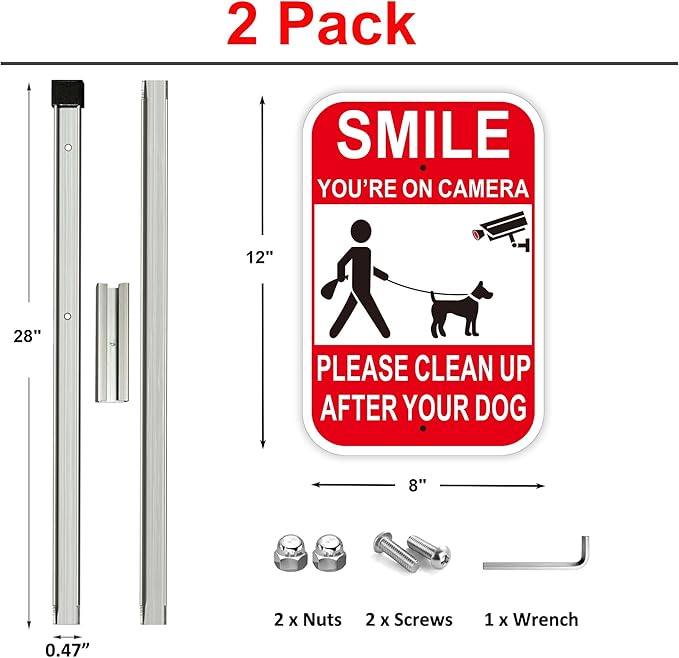 2Pack Clean UP After Your Dog Signs with 28-inch Metal Stake, 12x8 Inches, Smile You're on Camera, No Pooping Signs for Yard Aluminum