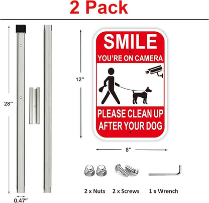 2Pack Clean UP After Your Dog Signs with 28-inch Metal Stake, 12x8 Inches, Smile You're on Camera, No Pooping Signs for Yard Aluminum