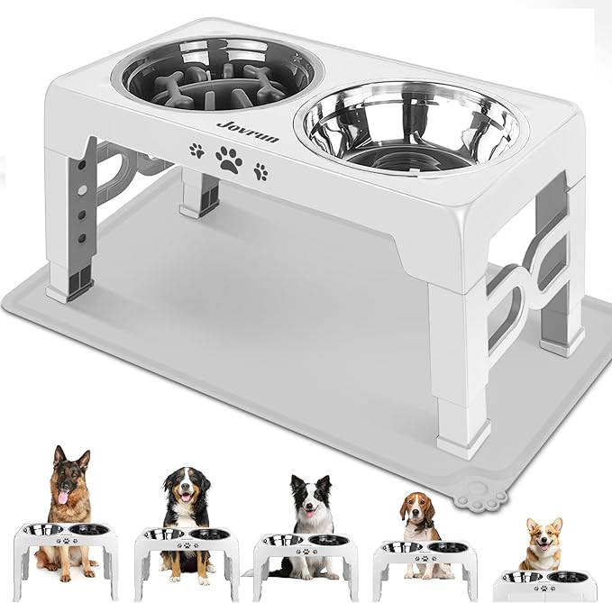 Elevated Dog Bowls with Mat, Non-Slip Dog Feeder with 1*Stainless Steel Dishes & 1*Slow Feeder Bowl, 5 Heights Adjustable Raised Bowls for 3.15″-8.66″-9.84″-11.02″-12.2″