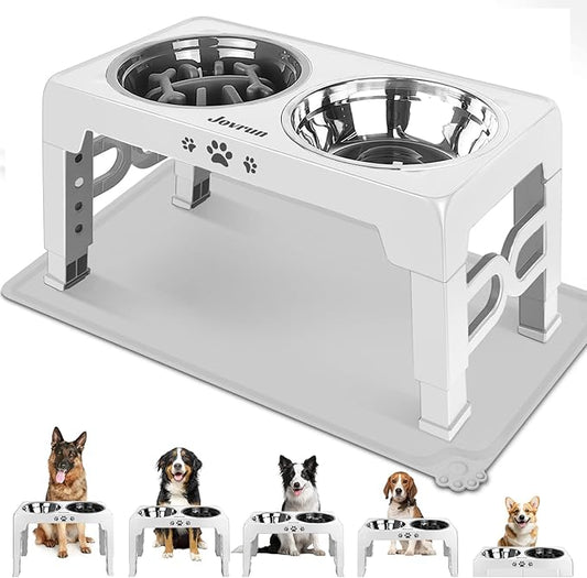 Elevated Dog Bowls with Mat, Non-Slip Dog Feeder with 1*Stainless Steel Dishes & 1*Slow Feeder Bowl, 5 Heights Adjustable Raised Bowls for 3.15″-8.66″-9.84″-11.02″-12.2″