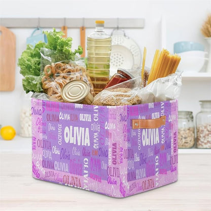 Personalized Foldable Storage Basket with Name, Laundry Hamper Dirty Clothes Pet Toys Storage Bin with Handles for Shelf Home Closet Kitchen, Purple and Pink Background
