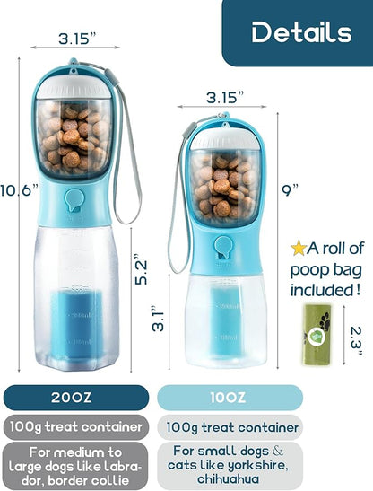 Portable Water Bottle for Small Dogs, 3 in 1 Pet Travel Bowl Dispenser with Food Treat Container & Poop Bag Holder, Summer Walking Hiking Accessories for Puppy On The Go - Pink, 10oz