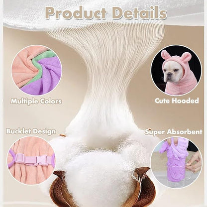 Dog Bathrobe Towel, Cat Bathrobe Microfiber Fast Drying Absorbent Hooded Bath Towel for Puppy Small Medium Large Dog Cat(Green,L)
