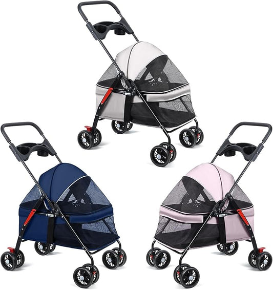 Pet Stroller 4 Wheels Dog Cat Stroller,Outdoor Trave Pet Folding Stroller,Foldable Dog Cat Cage Jogger Stroller with Cup Holder,Breathable and Visible Mesh for Medium Dogs Cats Pink