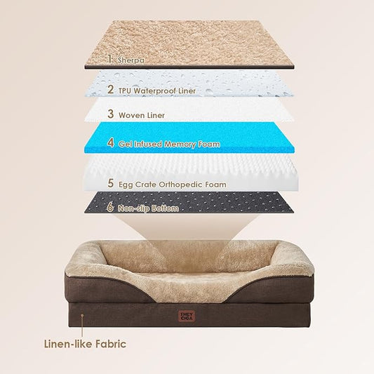 EHEYCIGA Orthopedic Dog Bed for Medium Dog, 35x22x6.5 Inch Memory Foam Dog Couch Bed with Sides, Waterproof Liner & Washable Removable Cover, Bolster Pet Sofa, Brown