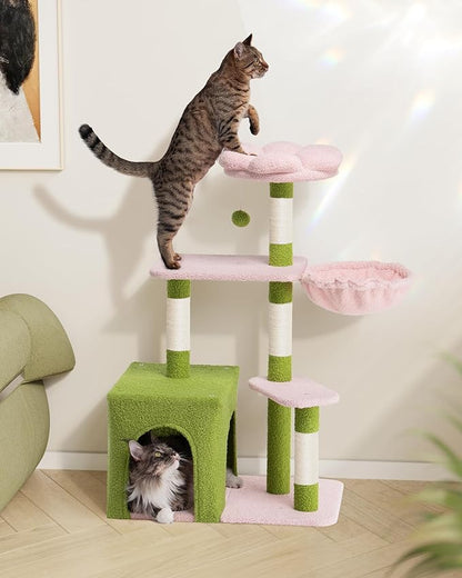 Aechonow Flower Cat Tree for Indoor Cats, 2-Door Large Cat Condo Cave Bed for Big Adult Cats, 41.2'' Cute Cat Tower with Scratching Posts, Cozy Floral Perch and Hammock for Kittens, Green Pink