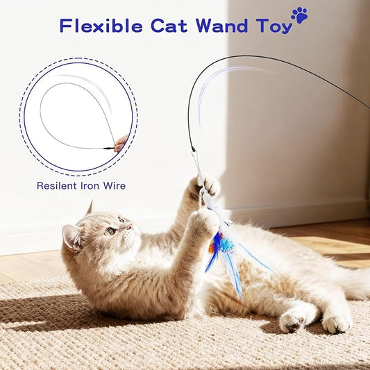 Pawaboo Feather Teaser Cat Toy, Interactive Feather Wand Cats Toy Flying Feathers Cat Catcher with Extra Long 34.5" Wand and Small Bell, Exerciser Playing Toys for Kitten or Cats, Blue