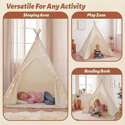Wilwolfer 4 Pack Teepee Tent for Kids Slumber Party with Lights, Indoor Sleepover Play Tents for Girls, Foldable Toddler Playhouse for Sleepover Parties, White