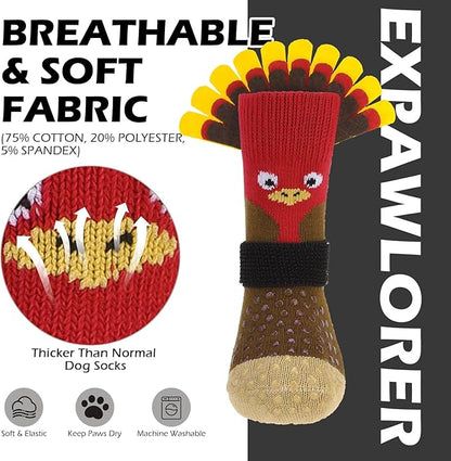 EXPAWLORER Thanksgiving Anti Slip Dog Socks to Prevent Licking Paws,Boots & Paw Protectors with Grippers,Doggie Booties for Hardwood Floors for Small Medium Large Senior Dogs Lifelike Costume Turkey M