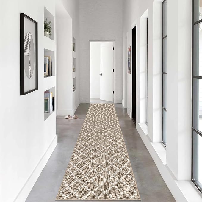 U'Artlines Long Runner Rug for Hallway 2×10feet Non Slip Kitchen Floor Carpet Runners Beige Geometric Pattern Machine Washable Area Rug for Entryway Bathroom